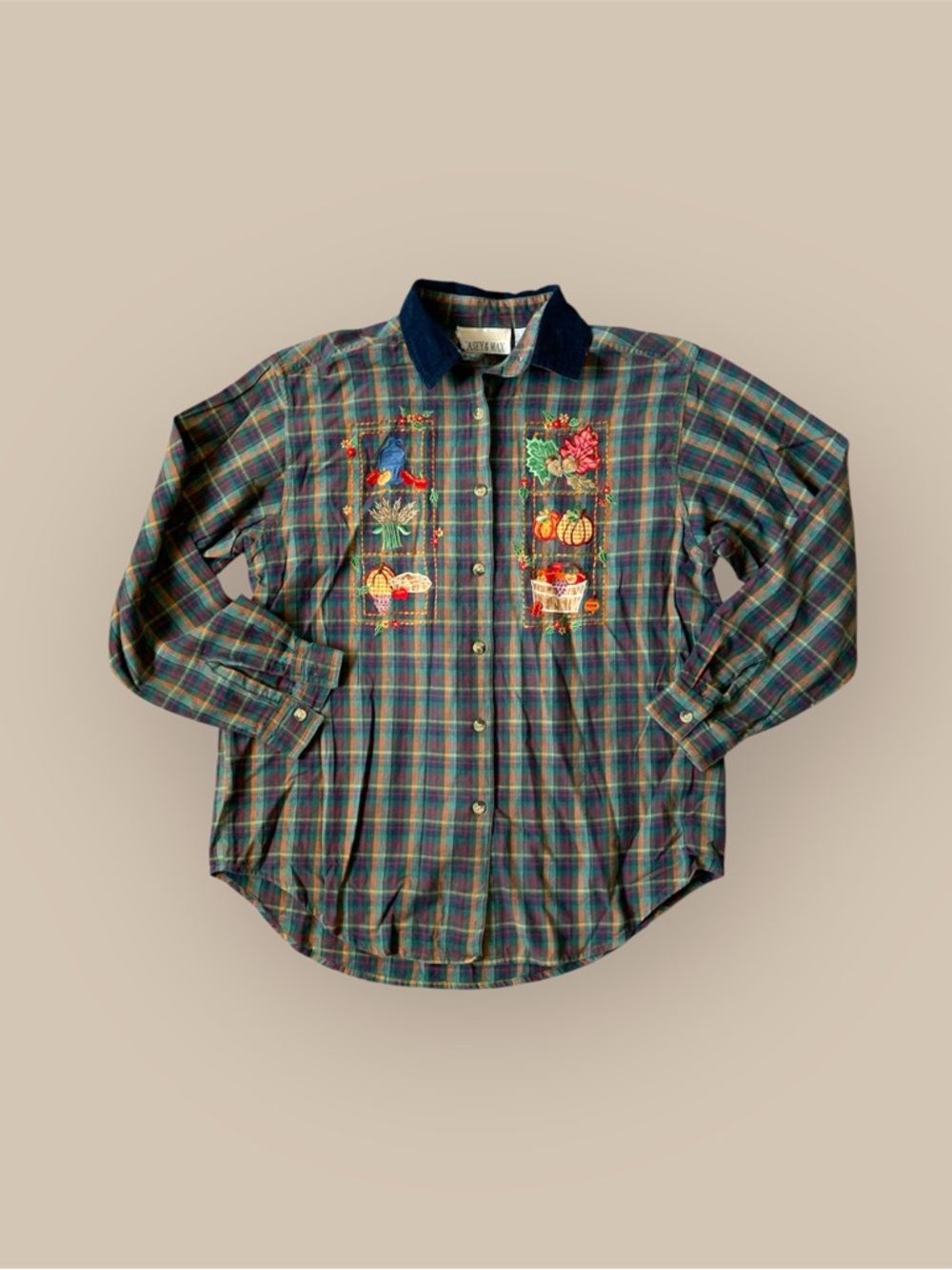 Button-Down Plaid Shirt with Floral & Harvest Embroidery - Green
